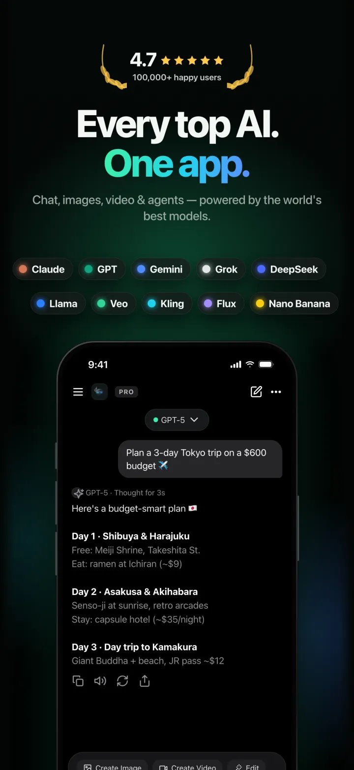 Clever AI chat with GPT, Claude, Gemini and Grok in one app